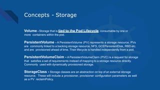 Concepts - Storage
Volume - Storage that is tied to the Pod Lifecycle, consumable by one or
more containers within the pod.
PersistentVolume - A PersistentVolume (PV) represents a storage resource. PVs
are commonly linked to a backing storage resource, NFS, GCEPersistentDisk, RBD etc.
and are provisioned ahead of time. Their lifecycle is handled independently from a pod.
PersistentVolumeClaim - A PersistentVolumeClaim (PVC) is a request for storage
that satisfies a set of requirements instead of mapping to a storage resource directly.
Commonly used with dynamically provisioned storage.
StorageClass - Storage classes are an abstraction on top of an external storage
resource. These will include a provisioner, provisioner configuration parameters as well
as a PV reclaimPolicy.
 
