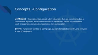 Concepts -Configuration
ConfigMap - Externalized data stored within kubernetes that can be referenced as a
commandline argument, environment variable, or injected as a file into a volume mount.
Ideal for separating containerized application from configuration.
Secret - Functionally identical to ConfigMaps, but stored encoded as base64, and encrypted
at rest (if configured).
 
