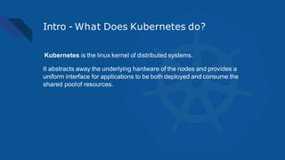 Intro - What Does Kubernetes do?
Kubernetes is the linux kernel of distributed systems.
It abstracts away the underlying hardware of the nodes and provides a
uniform interface for applications to be both deployed and consume the
shared poolof resources.
 
