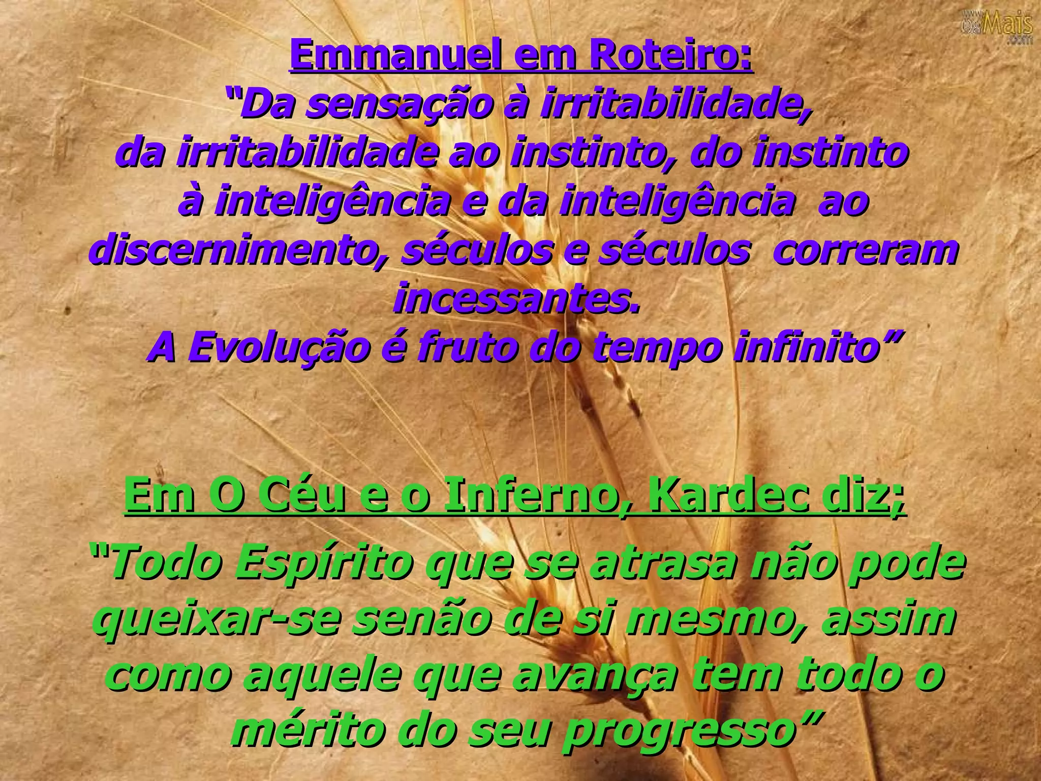 Emmanuel em Roteiro:
       “Da sensação à irritabilidade,
 da irritabilidade ao instinto, do instinto
    à inteligência e da inteligência ao
discernimento, séculos e séculos correram
                incessantes.
   A Evolução é fruto do tempo infinito”


  Em O Céu e o Inferno, Kardec diz;
“Todo Espírito que se atrasa não pode
queixar-se senão de si mesmo, assim
 como aquele que avança tem todo o
      mérito do seu progresso”
 