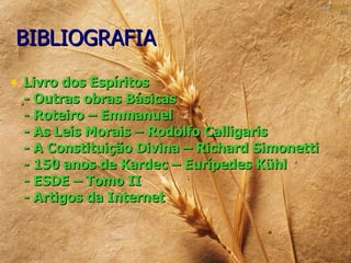 BIBLIOGRAFIA
• Livro dos Espíritos
 - Outras obras Básicas
 - Roteiro – Emmanuel
 - As Leis Morais – Rodolfo Calligaris
 - A Constituição Divina – Richard Simonetti
 - 150 anos de Kardec – Eurípedes Kühl
 - ESDE – Tomo II
 - Artigos da Internet
 
