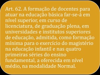 Art. 62. A formação de docentes para
atuar na educação básica far-se-á em
nível superior, em curso de
licenciatura, de graduação plena, em
universidades e institutos superiores
de educação, admitida, como formação
mínima para o exercício do magistério
na educação infantil e nas quatro
primeiras séries do ensino
fundamental, a oferecida em nível
médio, na modalidade Normal.
 