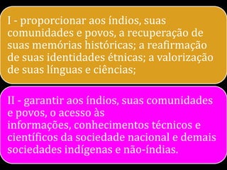 I - proporcionar aos índios, suas
comunidades e povos, a recuperação de
suas memórias históricas; a reafirmação
de suas identidades étnicas; a valorização
de suas línguas e ciências;

II - garantir aos índios, suas comunidades
e povos, o acesso às
informações, conhecimentos técnicos e
científicos da sociedade nacional e demais
sociedades indígenas e não-índias.
 