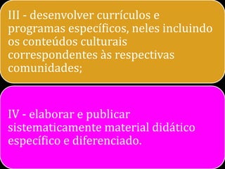 III - desenvolver currículos e
programas específicos, neles incluindo
os conteúdos culturais
correspondentes às respectivas
comunidades;


IV - elaborar e publicar
sistematicamente material didático
específico e diferenciado.
 