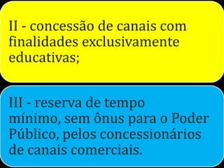 II - concessão de canais com
finalidades exclusivamente
educativas;


III - reserva de tempo
mínimo, sem ônus para o Poder
Público, pelos concessionários
de canais comerciais.
 