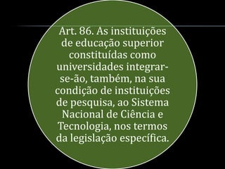 Art. 86. As instituições
  de educação superior
   constituídas como
universidades integrar-
 se-ão, também, na sua
condição de instituições
de pesquisa, ao Sistema
  Nacional de Ciência e
 Tecnologia, nos termos
da legislação específica.
 