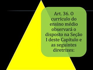 Art. 36. O
   currículo do
  ensino médio
   observará o
disposto na Seção
I deste Capítulo e
   as seguintes
    diretrizes:
 