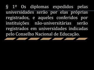 § 1º Os diplomas expedidos pelas
universidades serão por elas próprias
registrados, e aqueles conferidos por
instituições não-universitárias serão
registrados em universidades indicadas
pelo Conselho Nacional de Educação.
 