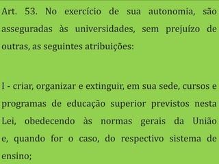 Art. 53. No exercício de sua autonomia, são
asseguradas às universidades, sem prejuízo de
outras, as seguintes atribuições:



I - criar, organizar e extinguir, em sua sede, cursos e
programas de educação superior previstos nesta
Lei, obedecendo às normas gerais da União
e, quando for o caso, do respectivo sistema de
ensino;
 