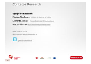 Contatos Research

     Equipe de Research
     Fabiano Tito Rosa –     fabiano.tito@minerva.ind.br

     Leonardo Alencar –      leonardo.alencar@minerva.ind.br

     Marcela Moura –      marcela.moura@minerva.ind.br



     www.minerva.ind.br
     pesquisa.mercado@minerva.ind.br


           @MinervaResearch




20
 