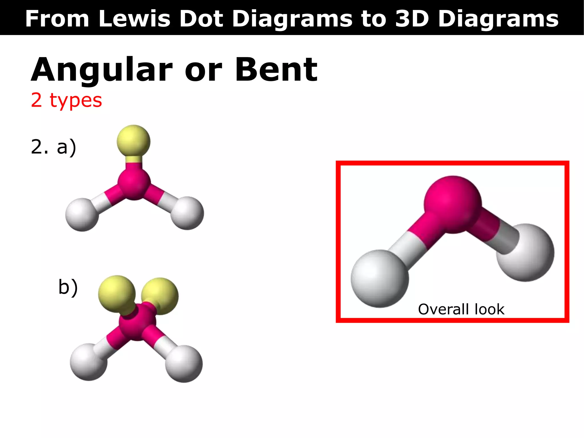 Overall look
Angular or Bent
2 types
2. a)
b)
From Lewis Dot Diagrams to 3D Diagrams