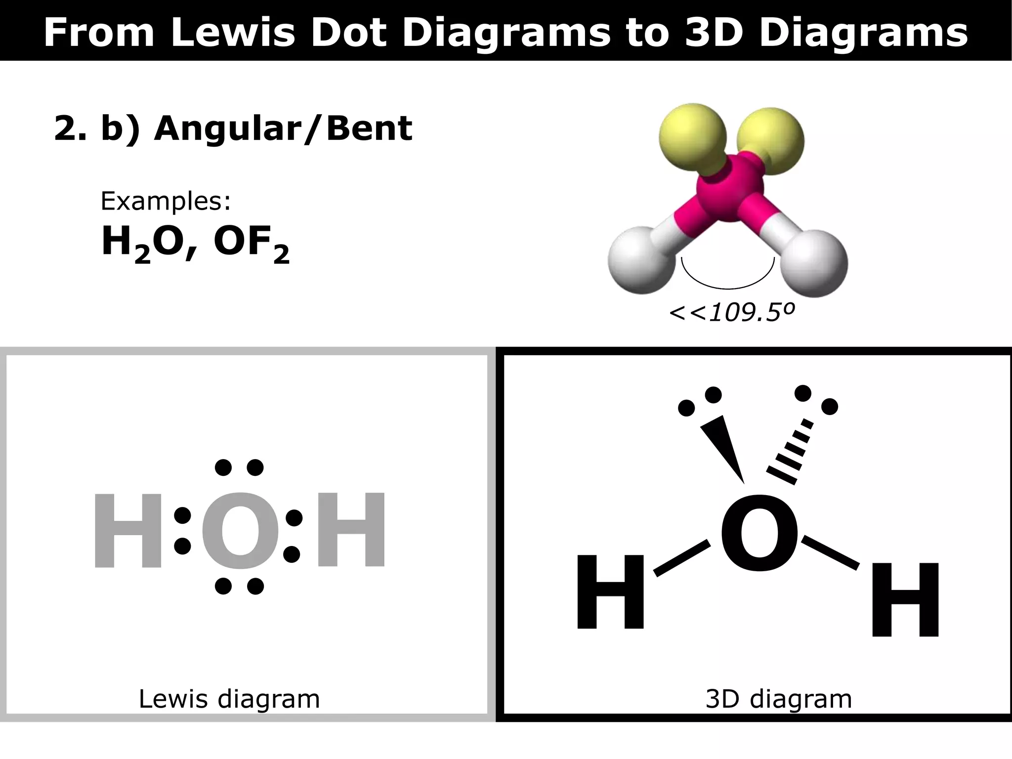 2. b) Angular/Bent
From Lewis Dot Diagrams to 3D Diagrams
Lewis diagram 3D diagram
OH O
H
H
H
Examples:
H2O, OF2
<<109.5º