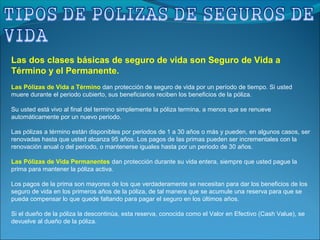 Las dos clases básicas de seguro de vida son Seguro de Vida a
Término y el Permanente.
Las Pólizas de Vida a Término dan protección de seguro de vida por un período de tiempo. Si usted
muere durante el periodo cubierto, sus beneficiarios reciben los beneficios de la póliza.
Su usted está vivo al final del termino simplemente la póliza termina, a menos que se renueve
automáticamente por un nuevo periodo.
Las pólizas a término están disponibles por periodos de 1 a 30 años o más y pueden, en algunos casos, ser
renovadas hasta que usted alcanza 95 años. Los pagos de las primas pueden ser incrementales con la
renovación anual o del periodo, o mantenerse iguales hasta por un periodo de 30 años.
Las Pólizas de Vida Permanentes dan protección durante su vida entera, siempre que usted pague la
prima para mantener la póliza activa.
Los pagos de la prima son mayores de los que verdaderamente se necesitan para dar los beneficios de los
seguro de vida en los primeros años de la póliza, de tal manera que se acumule una reserva para que se
pueda compensar lo que quede faltando para pagar el seguro en los últimos años.
Si el dueño de la póliza la descontinúa, esta reserva, conocida como el Valor en Efectivo (Cash Value), se
devuelve al dueño de la póliza.
 