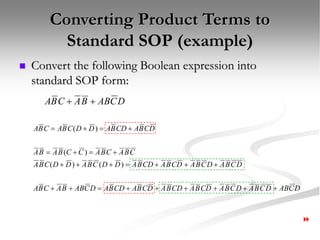 Converting Product Terms to
Standard SOP (example)
 Convert the following Boolean expression into
standard SOP form:
D
C
AB
B
A
C
B
A 

D
C
AB
D
C
B
A
D
C
B
A
D
C
B
A
CD
B
A
D
C
B
A
CD
B
A
D
C
AB
B
A
C
B
A
D
C
B
A
D
C
B
A
D
C
B
A
CD
B
A
D
D
C
B
A
D
D
C
B
A
C
B
A
C
B
A
C
C
B
A
B
A
D
C
B
A
CD
B
A
D
D
C
B
A
C
B
A
























)
(
)
(
)
(
)
(
8
 