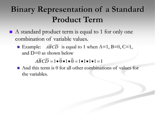 Binary Representation of a Standard
Product Term
 A standard product term is equal to 1 for only one
combination of variable values.
 Example: is equal to 1 when A=1, B=0, C=1,
and D=0 as shown below
 And this term is 0 for all other combinations of values for
the variables.
1
1
1
1
1
0
1
0
1 








D
C
B
A
D
C
B
A
 