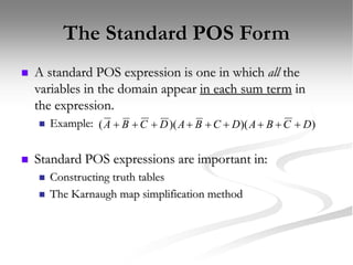 The Standard POS Form
 A standard POS expression is one in which all the
variables in the domain appear in each sum term in
the expression.
 Example:
 Standard POS expressions are important in:
 Constructing truth tables
 The Karnaugh map simplification method
)
)(
)(
( D
C
B
A
D
C
B
A
D
C
B
A 








 