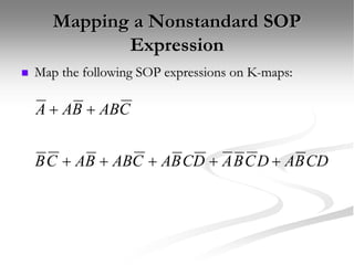 Mapping a Nonstandard SOP
Expression
 Map the following SOP expressions on K-maps:
D
BC
A
D
AC
D
C
A
CD
B
A
D
C
B
A
D
C
B
A
C
AB
B
A
C
B
C
A
BC
C
AB
B
A
A











 