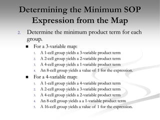 Determining the Minimum SOP
Expression from the Map
2. Determine the minimum product term for each
group.
 For a 3-variable map:
1. A 1-cell group yields a 3-variable product term
2. A 2-cell group yields a 2-variable product term
3. A 4-cell group yields a 1-variable product term
4. An 8-cell group yields a value of 1 for the expression.
 For a 4-variable map:
1. A 1-cell group yields a 4-variable product term
2. A 2-cell group yields a 3-variable product term
3. A 4-cell group yields a 2-variable product term
4. An 8-cell group yields a a 1-variable product term
5. A 16-cell group yields a value of 1 for the expression.
 