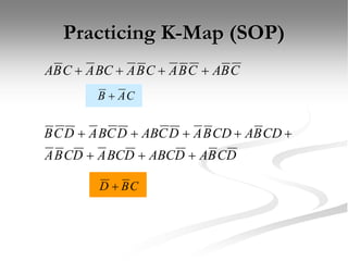Practicing K-Map (SOP)
D
C
B
A
D
ABC
D
BC
A
D
C
B
A
CD
B
A
CD
B
A
D
C
AB
D
C
B
A
D
C
B
C
B
A
C
B
A
C
B
A
BC
A
C
B
A












C
A
B 
C
B
D 
 