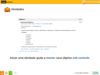 3




    Atividades




    Iniciar uma atividade ajuda a manter seus objetos sob controle.




       33                                              © 2011 IBM Corporation
 