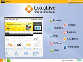 Arquivos
                       Pessoas
    Reuniões
                         Eventos
    Chat
                        Atividades
    Gráficos
                        Formulários
     eMail



5              © 2011 IBM Corporation
 