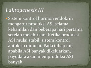  Sistem kontrol hormon endokrin
 mengatur produksi ASI selama
 kehamilan dan beberapa hari pertama
 setelah melahirkan. Ketika produksi
 ASI mulai stabil, sistem kontrol
 autokrin dimulai. Pada tahap ini,
 apabila ASI banyak dikeluarkan,
 payudara akan memproduksi ASI
 banyak.
 