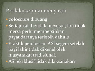  colostum dibuang
 Setiap kali hendak meyusui, ibu tidak
  mersa perlu membersihkan
  payaudaranya terlebih dahulu
 Praktik pemberian ASI segera setelah
  bayi lahir tidak dikenal oleh
  masyarakat tradisional.
 ASI eksklusif tidak dilaksanakan
 