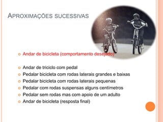 APROXIMAÇÕES SUCESSIVAS
 Andar de bicicleta (comportamento desejado)
 Andar de triciclo com pedal
 Pedalar bicicleta com rodas laterais grandes e baixas
 Pedalar bicicleta com rodas laterais pequenas
 Pedalar com rodas suspensas alguns centímetros
 Pedalar sem rodas mas com apoio de um adulto
 Andar de bicicleta (resposta final)
 