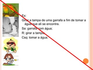 Ex:
Girar a tampa de uma garrafa a fim de tomar a
água que ali se encontra.
Sa: garrafa com água;
R: girar a tampa;
Csq: tomar a água.
 