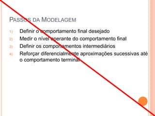 PASSOS DA MODELAGEM
1) Definir o comportamento final desejado
2) Medir o nível operante do comportamento final
3) Definir os comportamentos intermediários
4) Reforçar diferencialmente aproximações sucessivas até
o comportamento terminal
 
