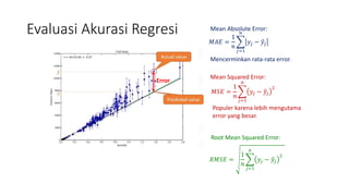 Evaluasi Akurasi Regresi
𝑅𝑀𝑆𝐸 =
1
𝑛
𝑗=1
𝑛
𝑦𝑗 − 𝑦𝑗
2
Root Mean Squared Error:
𝑀𝐴𝐸 =
1
𝑛
𝑗=1
𝑛
𝑦𝑗 − 𝑦𝑗
Mean Absolute Error:
Mencerminkan rata-rata error.
𝑀𝑆𝐸 =
1
𝑛
𝑗=1
𝑛
𝑦𝑗 − 𝑦𝑗
2
Mean Squared Error:
Populer karena lebih mengutama
error yang besar.
Error
 