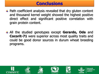 Conclusions
Path coefficient analysis revealed that dry gluten content
and thousand kernel weight showed the highest positive
direct effect and significant positive correlation with
grain protein content.

All the studied genotypes except Gerardo, Oda and
Cocorit-71 were superior across most quality traits and
could be good donor sources in durum wheat breeding
programs.
 