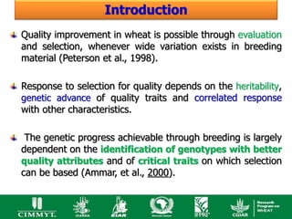 Introduction
Quality improvement in wheat is possible through evaluation
and selection, whenever wide variation exists in breeding
material (Peterson et al., 1998).

Response to selection for quality depends on the heritability,
genetic advance of quality traits and correlated response
with other characteristics.

 The genetic progress achievable through breeding is largely
dependent on the identification of genotypes with better
quality attributes and of critical traits on which selection
can be based (Ammar, et al., 2000).
 