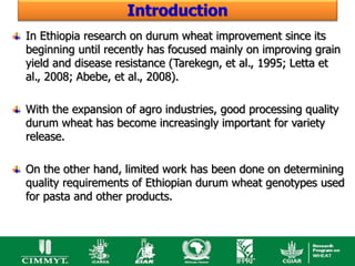 Introduction
In Ethiopia research on durum wheat improvement since its
beginning until recently has focused mainly on improving grain
yield and disease resistance (Tarekegn, et al., 1995; Letta et
al., 2008; Abebe, et al., 2008).

With the expansion of agro industries, good processing quality
durum wheat has become increasingly important for variety
release.

On the other hand, limited work has been done on determining
quality requirements of Ethiopian durum wheat genotypes used
for pasta and other products.
 