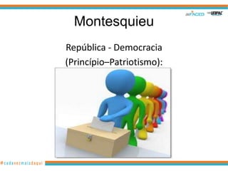 Montesquieu
República - Democracia
(Princípio–Patriotismo):
 