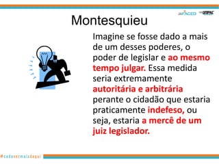 Montesquieu
   Imagine se fosse dado a mais
   de um desses poderes, o
   poder de legislar e ao mesmo
   tempo julgar. Essa medida
   seria extremamente
   autoritária e arbitrária
   perante o cidadão que estaria
   praticamente indefeso, ou
   seja, estaria a mercê de um
   juiz legislador.
 