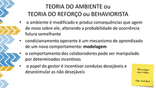 TEORIA DO AMBIENTE ou
TEORIA DO REFORÇO ou BEHAVIORISTA
• o ambiente é modificado e produz consequências que agem
de novo sobre ele, alterando a probabilidade de ocorrência
futura semelhante
• condicionamento operante é um mecanismo de aprendizado
de um novo comportamento: modelagem
• o comportamento dos colaboradores pode ser manipulado
por determinados incentivos
• o papel do gestor é incentivar condutas desejáveis e
desestimular as não desejáveis
 