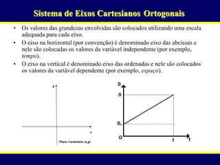 Sistema de Eixos Cartesianos Ortogonais
• Os valores das grandezas envolvidas são colocados utilizando uma escala
  adequada para cada eixo.
• O eixo na horizontal (por convenção) é denominado eixo das abcissas e
  nele são colocadas os valores da variável independente (por exemplo,
  tempo).
• O eixo na vertical é denominado eixo das ordenadas e nele são colocados
  os valores da variável dependente (por exemplo, espaço).
 