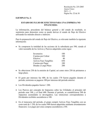 Resolución No. 235-2005
Anexo Único
NCC.- 2
Página No. 22 de 30

EJEMPLO No. 2:
ESTADO DE FLUJO DE EFECTIVO PARA UNA EMPRESA NO
FINANCIERA
La información, procedente del balance general y del estado de resultado, se
suministra para demostrar como se puede derivar el estado de flujo de Efectivo
utilizando los métodos directo e indirecto.
Para la preparación del estado de flujo de Efectivo, es relevante también la siguiente
información:
• Se compraron la totalidad de las acciones de la subsidiaria por 590, siendo el
valor razonable de los Activos y Pasivos adquiridos como sigue:
Inventarios
Cuentas por Cobrar
Efectivo
Activos Fijos Tangibles
Cuentas por Pagar
Deudas a Largo Plazo

100
100
40
650
100
200

• Se obtuvieron 250 de la emisión de Capital, así como otros 250 de préstamos a
largo plazo.
• El gasto por intereses fue 400, de los cuales 170 fueron pagados durante el
período; asimismo se pagaron 100 por intereses del período anterior.
• Los Dividendos pagados fueron 1 200.
• Los Pasivos por concepto de Impuestos sobre las Utilidades al principio del
período eran 100, y al final 400. Durante el período, se contabilizaron 200 de
impuestos acumulados (o devengados). Las retenciones correspondientes a
Dividendos recibidos ascendieron a 100.
• En el transcurso del período, el grupo compró Activos Fijos Tangibles con un
costo total de 1 250, de los cuales 900 fueron adquiridos mediante arrendamiento
financiero. Los pagos por estas compras ascendieron a 350.

 