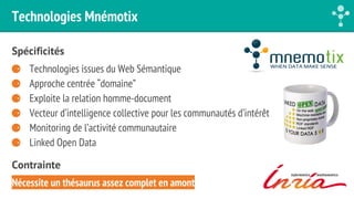 Technologies Mnémotix 
Spécificités 
⚈ Technologies issues du Web Sémantique 
⚈ Approche centrée “domaine” 
⚈ Exploite la relation homme-document 
⚈ Vecteur d’intelligence collective pour les communautés d’intérêt 
⚈ Monitoring de l’activité communautaire 
⚈ Linked Open Data 
Contrainte 
Nécessite un thésaurus assez complet en amont 
 