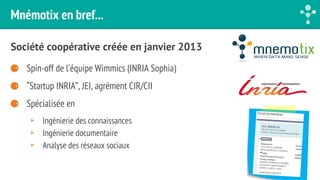 Mnémotix en bref... 
Société coopérative créée en janvier 2013 
⚈ Spin-off de l’équipe Wimmics (INRIA Sophia) 
⚈ “Startup INRIA”, JEI, agrément CIR/CII 
⚈ Spécialisée en 
▸ Ingénierie des connaissances 
▸ Ingénierie documentaire 
▸ Analyse des réseaux sociaux 
 