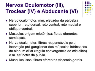 Nervos Oculomotor (III),
Troclear (IV) e Abducente (VI)
Nervo oculomotor: mm. elevador da pálpebra
superior, reto dorsal, reto ventral, reto medial e
oblíquo ventral.
Músculos origem miotômica: fibras eferentes
somáticas.
Nervo oculomotor: fibras responsáveis pela
inervação pré-ganglionar dos músculos intrínsecos
do olho: m.ciliar (regula convergência do cristalino)
e m. esfíncter da pupila.
Músculos lisos: fibras eferentes viscerais gerais.

 