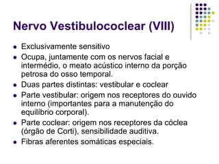 Nervo Vestibulococlear (VIII)
Exclusivamente sensitivo
Ocupa, juntamente com os nervos facial e
intermédio, o meato acústico interno da porção
petrosa do osso temporal.
Duas partes distintas: vestibular e coclear
Parte vestibular: origem nos receptores do ouvido
interno (importantes para a manutenção do
equilíbrio corporal).
Parte coclear: origem nos receptores da cóclea
(órgão de Corti), sensibilidade auditiva.
Fibras aferentes somáticas especiais.

 