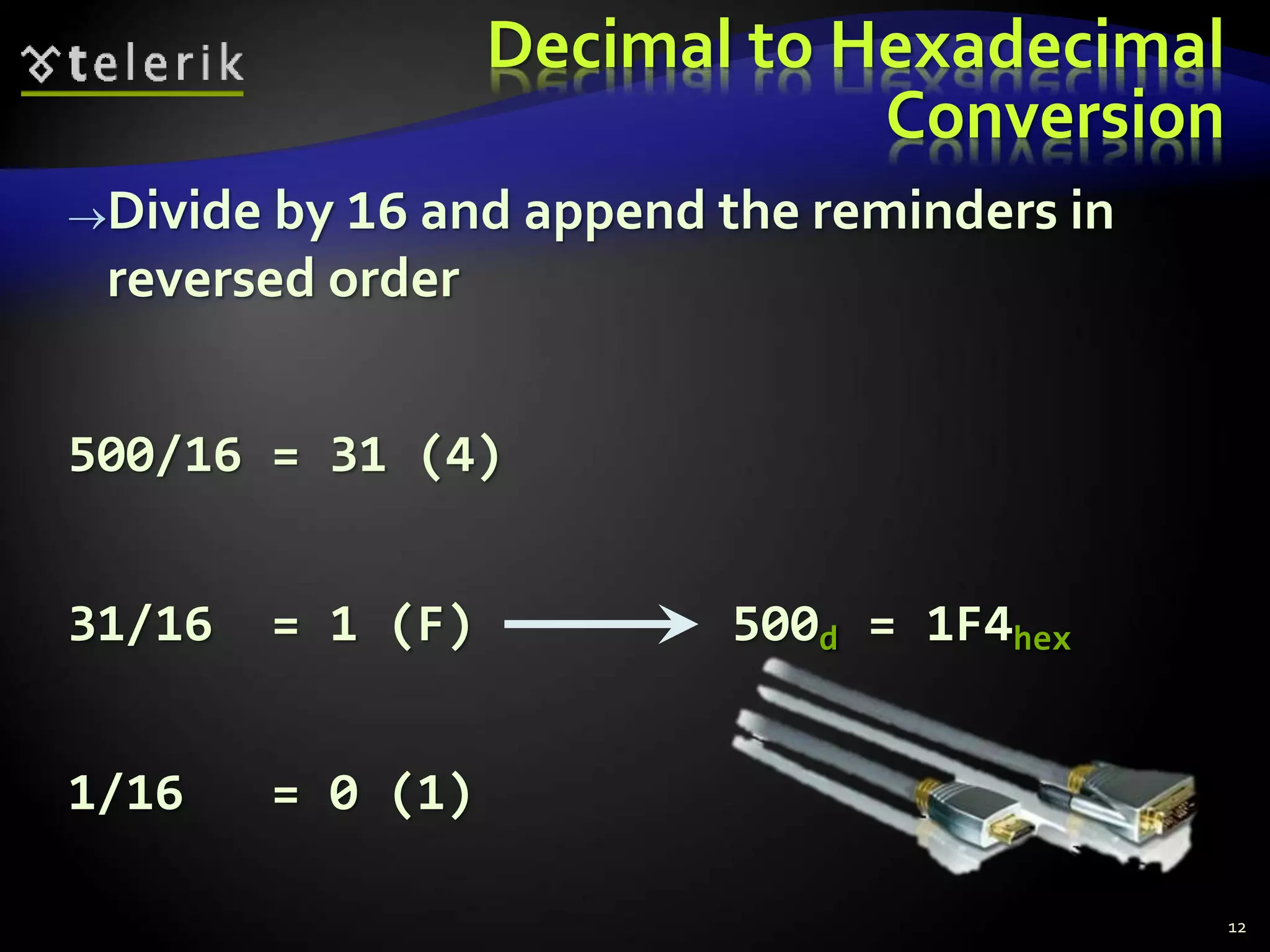 Decimal to Hexadecimal
Conversion
Divide by 16 and append the reminders in
reversed order
500/16 = 31 (4)
31/16 = 1 (F) 500d = 1F4hex
1/16 = 0 (1)
12
 