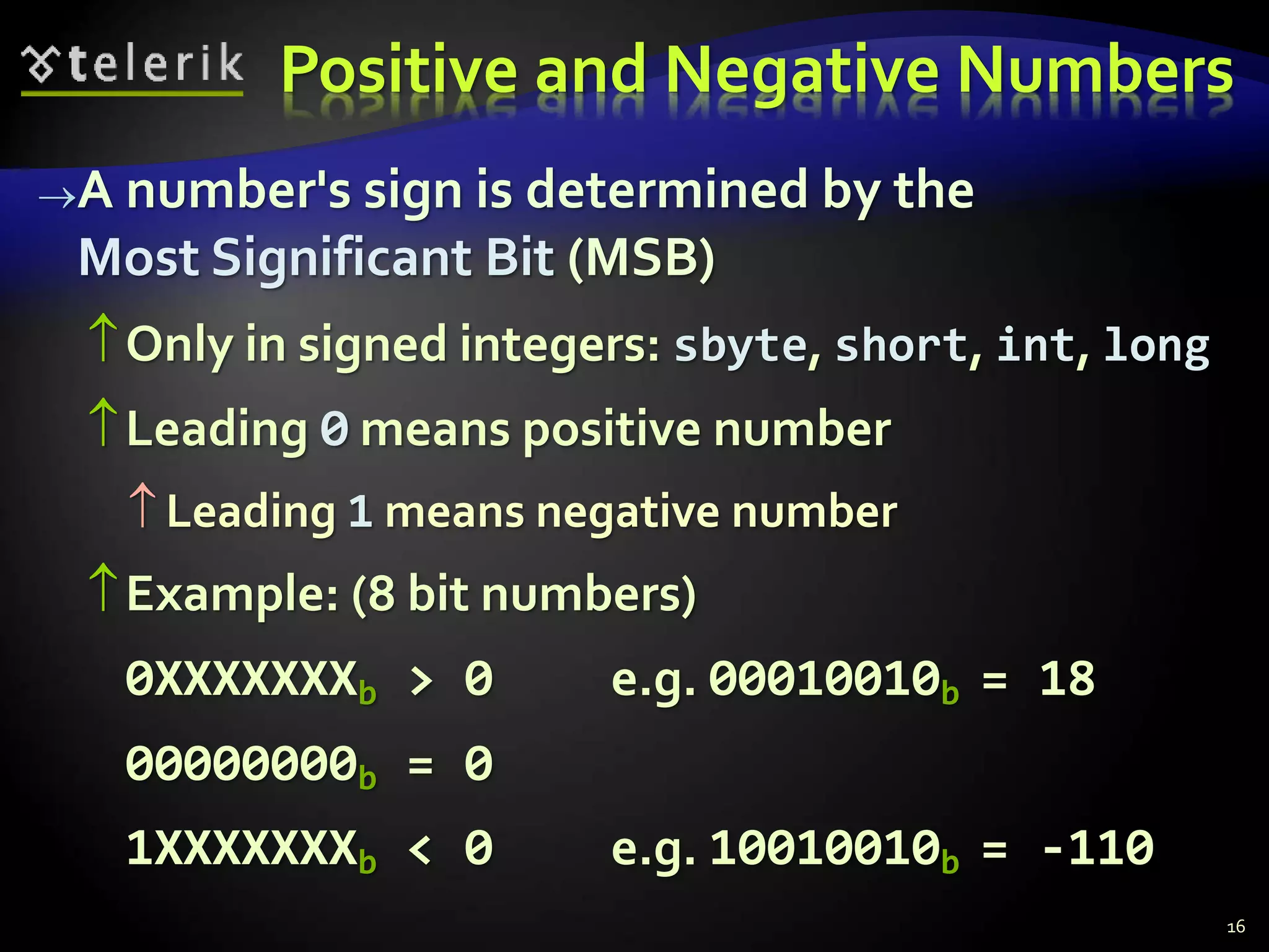 Positive and Negative Numbers
A number's sign is determined by the
Most Significant Bit (MSB)
Only in signed integers: sbyte, short, int, long
Leading 0 means positive number
 Leading 1 means negative number
Example: (8 bit numbers)
0XXXXXXXb > 0 e.g. 00010010b = 18
00000000b = 0
1XXXXXXXb < 0 e.g. 10010010b = -110
16
 