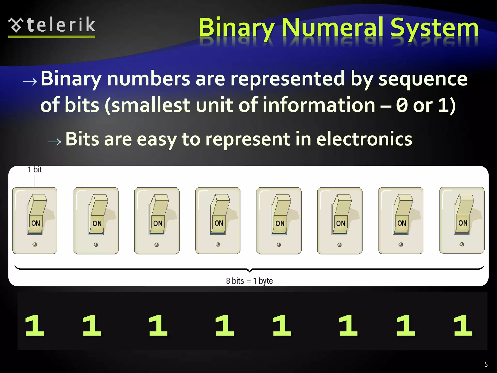 Binary Numeral System
5
1 0 1 1 0 0 1 01 0 0 1 0 0 1 01 0 0 1 0 0 1 11 1 1 1 1 1 1 1
Binary numbers are represented by sequence
of bits (smallest unit of information – 0 or 1)
 Bits are easy to represent in electronics
 