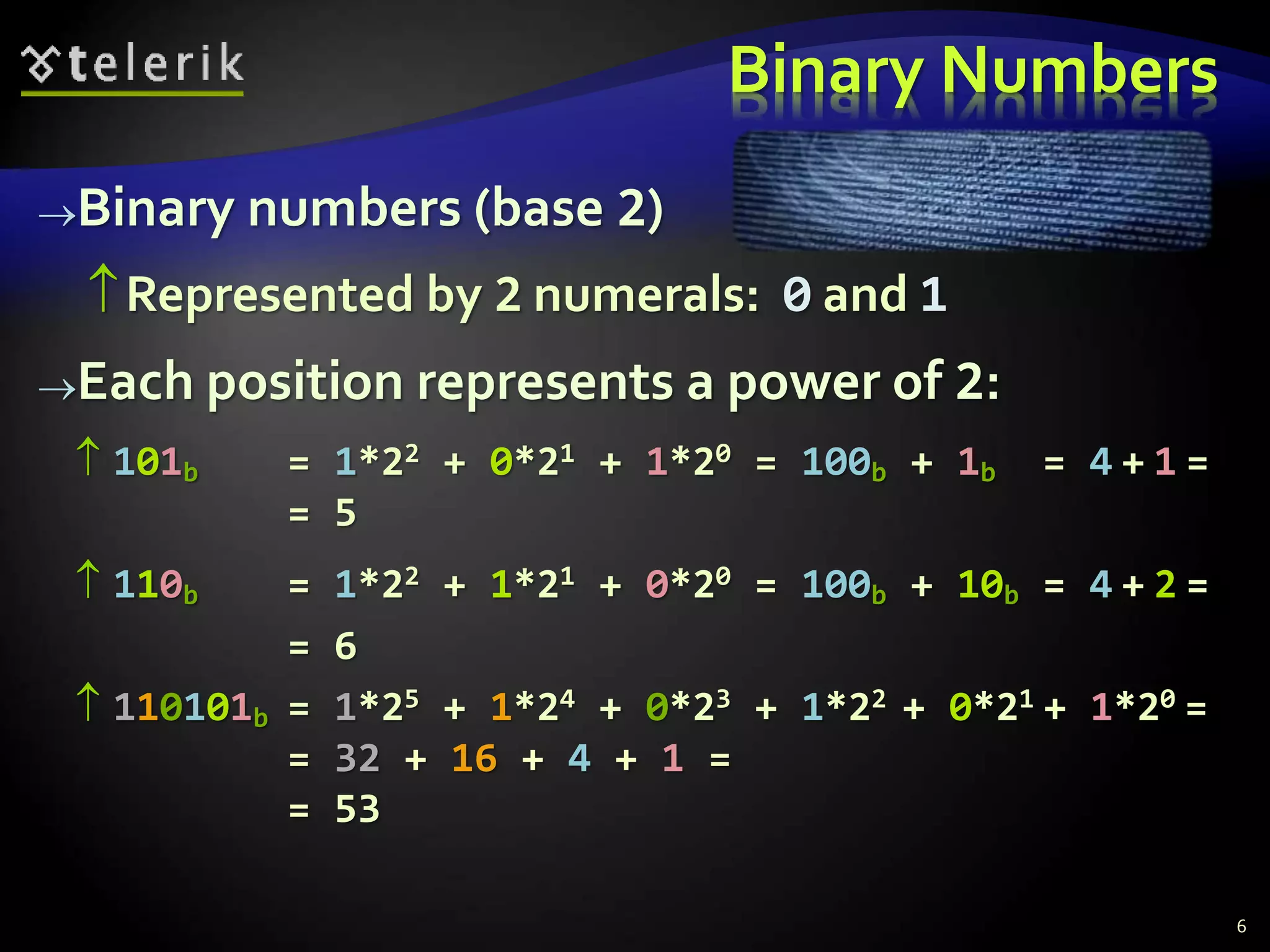 Binary numbers (base 2)
Represented by 2 numerals: 0 and 1
Each position represents a power of 2:
 101b = 1*22 + 0*21 + 1*20 = 100b + 1b = 4 + 1 =
= 5
 110b = 1*22 + 1*21 + 0*20 = 100b + 10b = 4 + 2 =
= 6
 110101b = 1*25 + 1*24 + 0*23 + 1*22 + 0*21 + 1*20 =
= 32 + 16 + 4 + 1 =
= 53
Binary Numbers
6
 