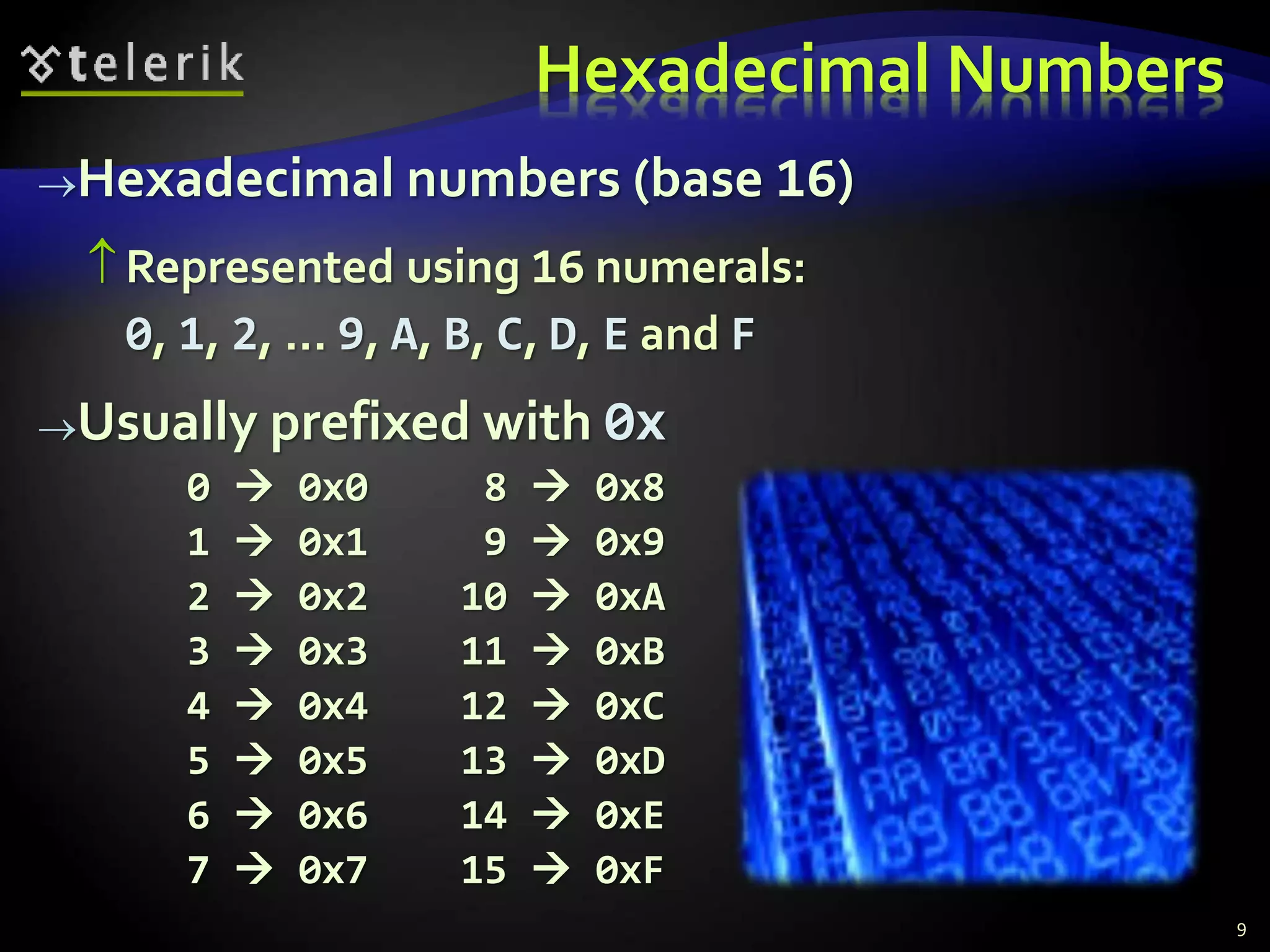 Hexadecimal Numbers
Hexadecimal numbers (base 16)
 Represented using 16 numerals:
0, 1, 2, ... 9, A, B, C, D, E and F
Usually prefixed with 0x
0  0x0 8  0x8
1  0x1 9  0x9
2  0x2 10  0xA
3  0x3 11  0xB
4  0x4 12  0xC
5  0x5 13  0xD
6  0x6 14  0xE
7  0x7 15  0xF
9
 