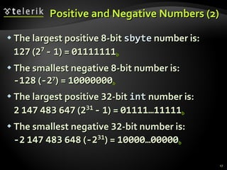 Positive and Negative Numbers (2) The largest positive 8-bit  sbyte  number is: 127   ( 2 7   -   1 ) =  01111111 b The smallest negative 8-bit number is: -128  ( -2 7 ) =  10000000 b The largest positive  32 -bit  int  number is: 2   147   483   647   ( 2 31   -   1 ) =  01111…11111 b The smallest negative  32 -bit number is: -2   147   483   648  ( -2 31 ) =  10000…00000 b 
