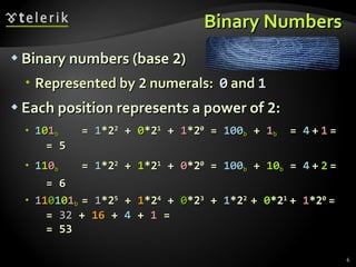 Binary numbers (base  2 ) Represented by  2  numerals:  0  and  1 Each position represents a power of  2 :  1 0 1 b =  1 *2 2  +  0 *2 1  +  1 *2 0  =  100 b  +  1 b   =  4   +   1   = = 5 1 1 0 b =  1 *2 2  +  1 *2 1  +  0 *2 0  =  100 b  +  10 b  =  4   +   2   = = 6 1 1 0 1 0 1 b =  1 *2 5  +  1 *2 4  +  0 *2 3  +  1 *2 2  +  0 *2 1   +  1 *2 0   = =  32  +  16  +  4  +  1  = =  53 Binary Numbers 
